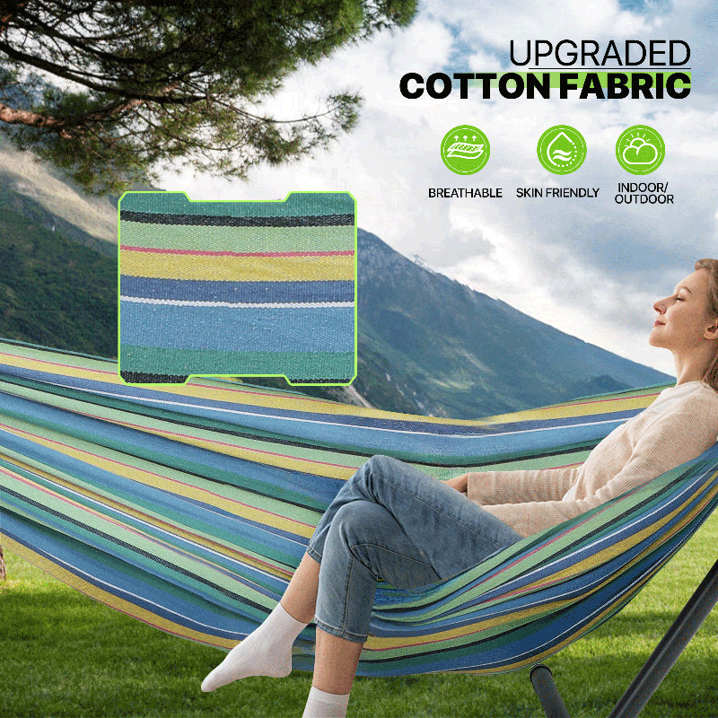 Portable Cotton Hammock With Adjustable Steel Stand Carry Bag 6 Height Levels 250 Lb Capacity Ideal For Garden Backyard Camping Or Balcony Use